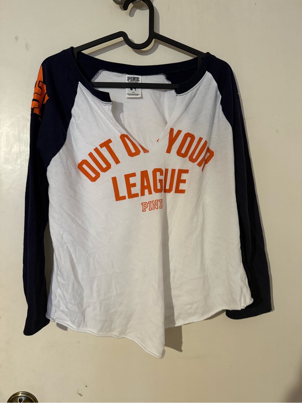 PINK Victoria's Secret White & Navy 'Out Of Your League' Long Sleeve Tee